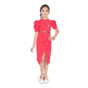 Girl's Cotton Lycra Soild Short Sleeve Close Neck Dress (Pink)