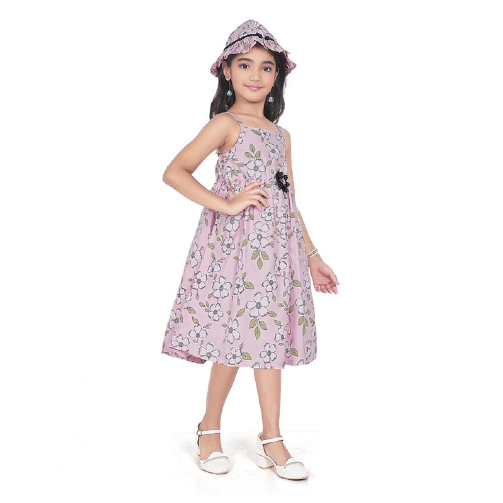 Girl's Cotton Printed Sleeve Less Round Neck Dress (Pink) - Image 3
