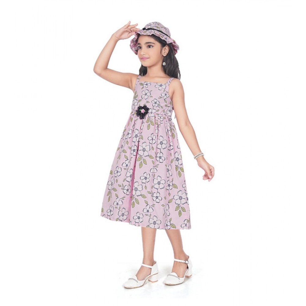 Girl's Cotton Printed Sleeve Less Round Neck Dress (Pink) - Image 4