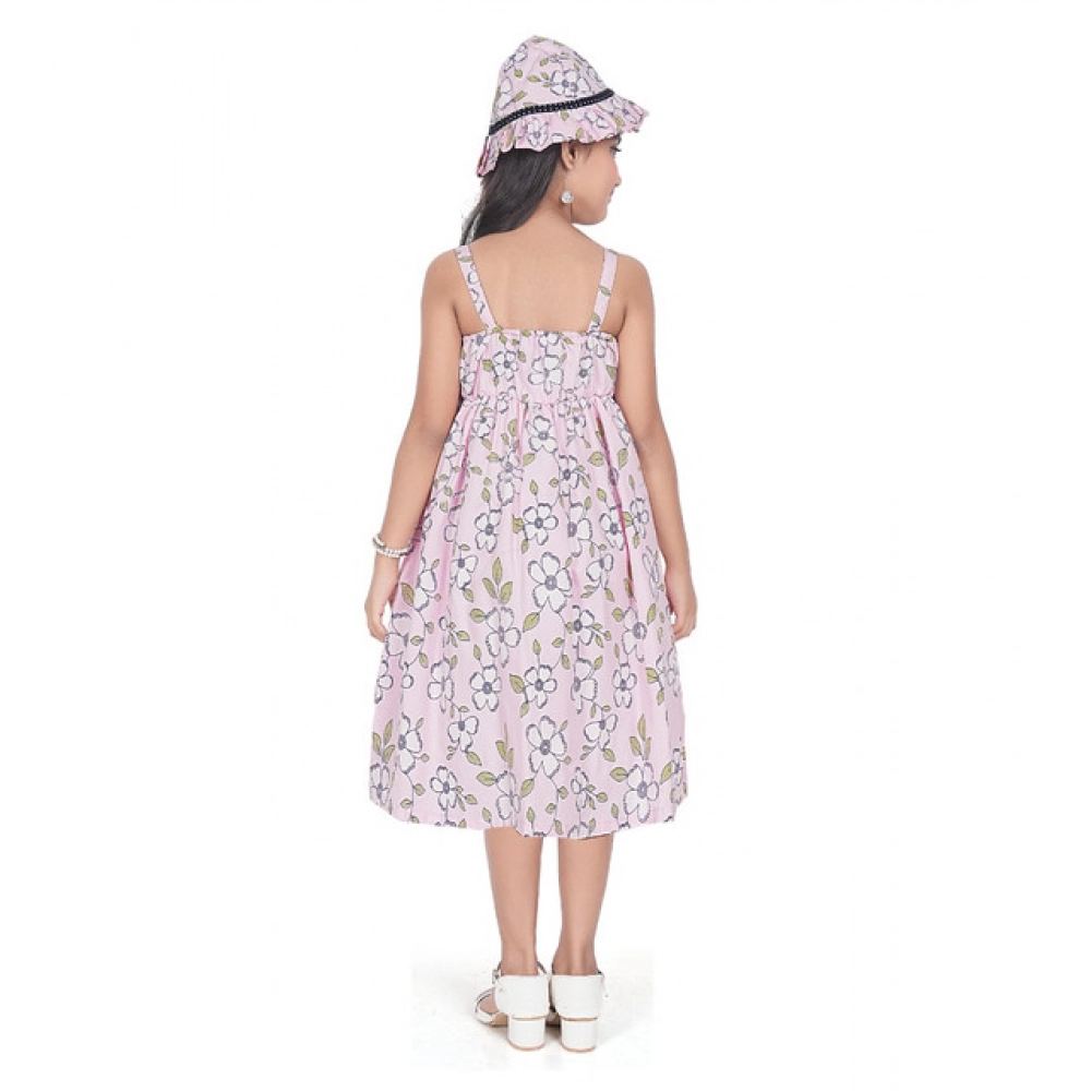 Girl's Cotton Printed Sleeve Less Round Neck Dress (Pink) - Image 2