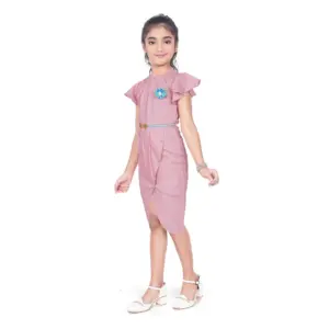 Girl's Knitted Striped Short Sleeve Close Neck Dress (Pink)