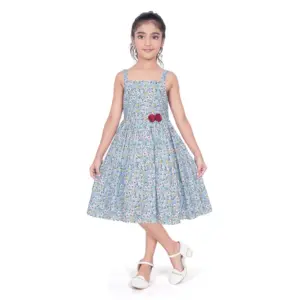 Girl's Cotton Printed Sleeve Less Squre Neck Dress (Multicolor)