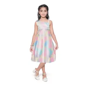 Girl's Satin Soild Sleeve Less Designer Neck Dress (Multicolor)