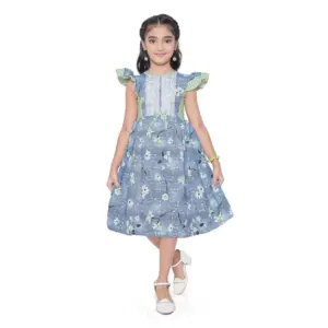 Girl's Twill Printed Short Sleeve Round Neck Dress (Green)