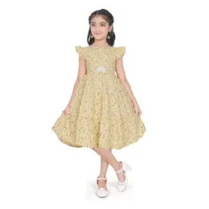Girl's Twill Printed Short Sleeve Round Neck Dress (Yellow)