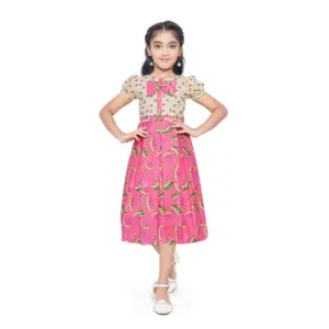 Girl's Twill Printed Short Sleeve Round Neck Dress (Pink)