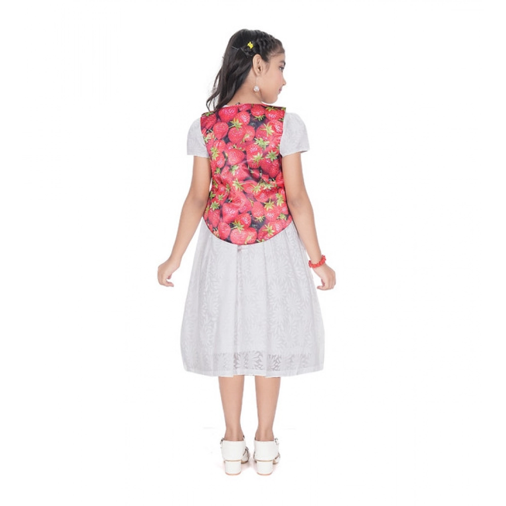 Girl's Heavy Chicken Printed Short Sleeve Round Neck Dress (White) - Image 2