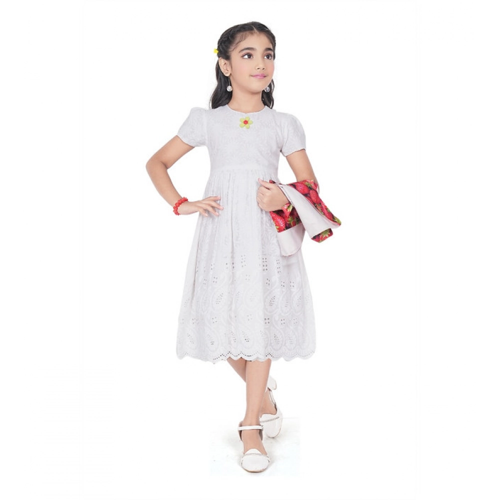 Girl's Heavy Chicken Printed Short Sleeve Round Neck Dress (White) - Image 5
