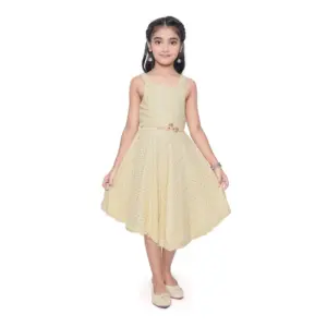 Girl's Shiffon Chicken Printed Sleeve Less Round Neck Dress (Yellow)