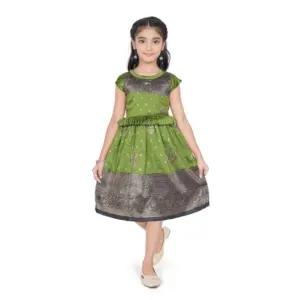 Girl's Brocket Printed Short Sleeve Round Neck Dress (Green)