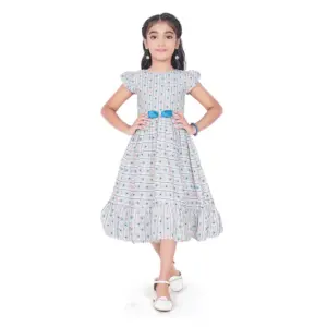Girl's Twill Printed Short Sleeve Round Neck Dress (Grey)