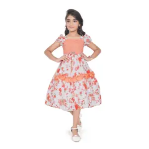 Girl's Twill Printed Short Sleeve Squre Neck Dress (Red)