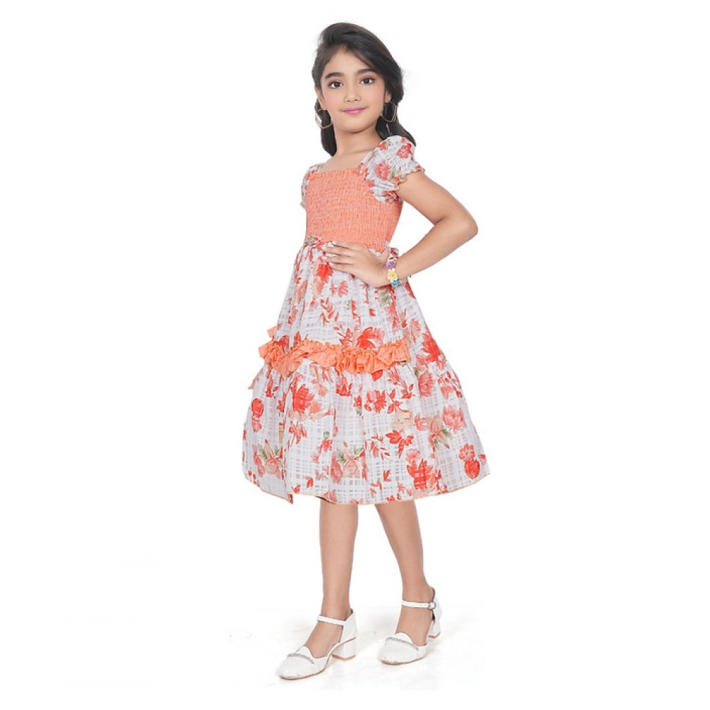 Girl's Twill Printed Short Sleeve Squre Neck Dress (Red) - Image 2