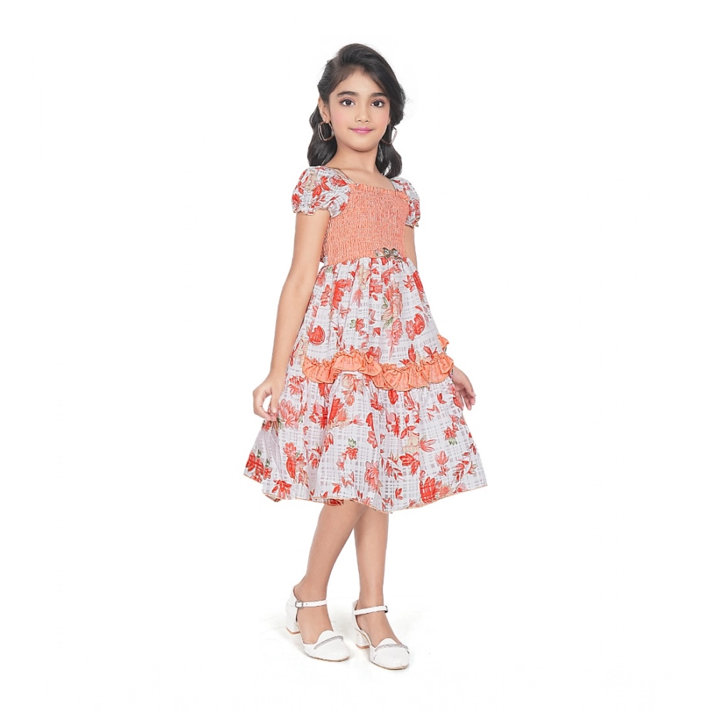 Girl's Twill Printed Short Sleeve Squre Neck Dress (Red) - Image 5
