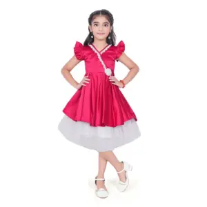 Girl's Satin Soild Short Sleeve V Neck Dress (Pink)