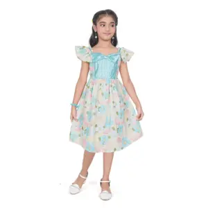 Girl's Popcorn Printed Short Sleeve Squre Neck Dress (Sky Blue)