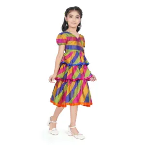 Girl's Taffeta Silk Striped Short Sleeve V Neck Dress (Multicolor)