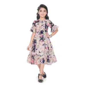 Girl's Shiffon Printed Half Sleeve Round Neck Dress (Peach)
