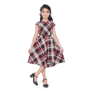 Girl's Lycra Checks Striped Short Sleeve Round Neck Dress (Pink)