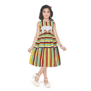 Girl's Pure Cotton Striped Sleeve Less Round Neck Dress (Multicolor)