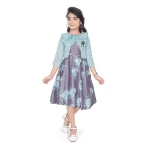 Girl's Satin Printed Sleeve Less Round Neck Dress (Sea Green)