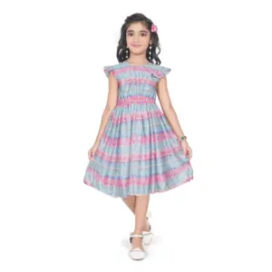 Girl's Lycra Printed Sleeve Less Round Neck Dress (Multicolor)