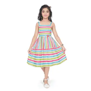 Girl's Cotton Striped Sleeve Less Squre Neck Dress (Multicolor)