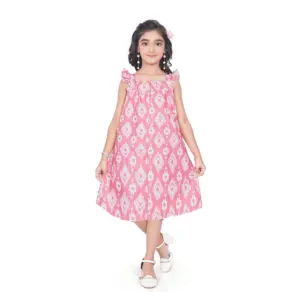 Girl's Cotton Printed Sleeve Less Squre Neck Dress (Pink)