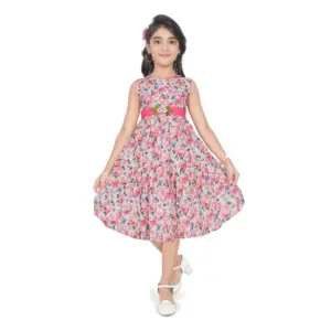 Girl's Digital Chicken Printed Sleeve Less Round Neck Dress (Pink)