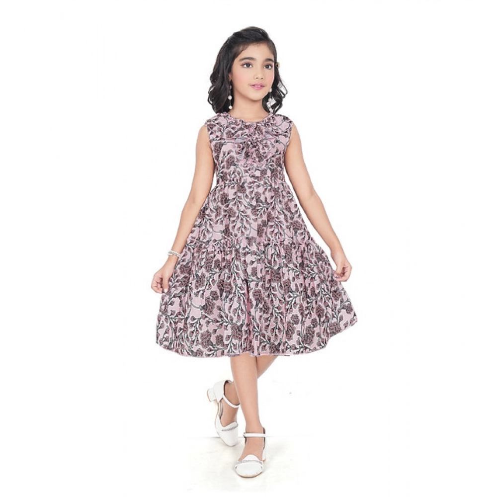 Girl's Digital Slub Printed Sleeve Less Round Neck Dress (Brown)