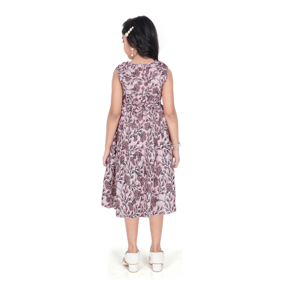 Girl's Digital Slub Printed Sleeve Less Round Neck Dress (Brown) - Image 2