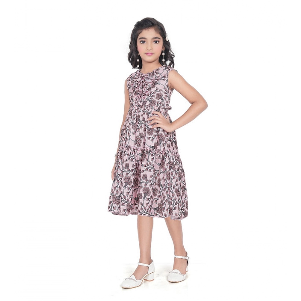 Girl's Digital Slub Printed Sleeve Less Round Neck Dress (Brown) - Image 5