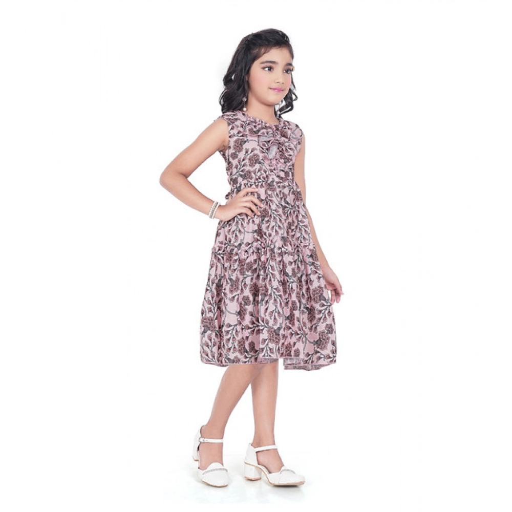 Girl's Digital Slub Printed Sleeve Less Round Neck Dress (Brown) - Image 4