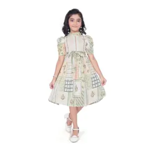 Girl's Digital Knitted Printed Half Sleeve Close Neck Dress (Light Green)