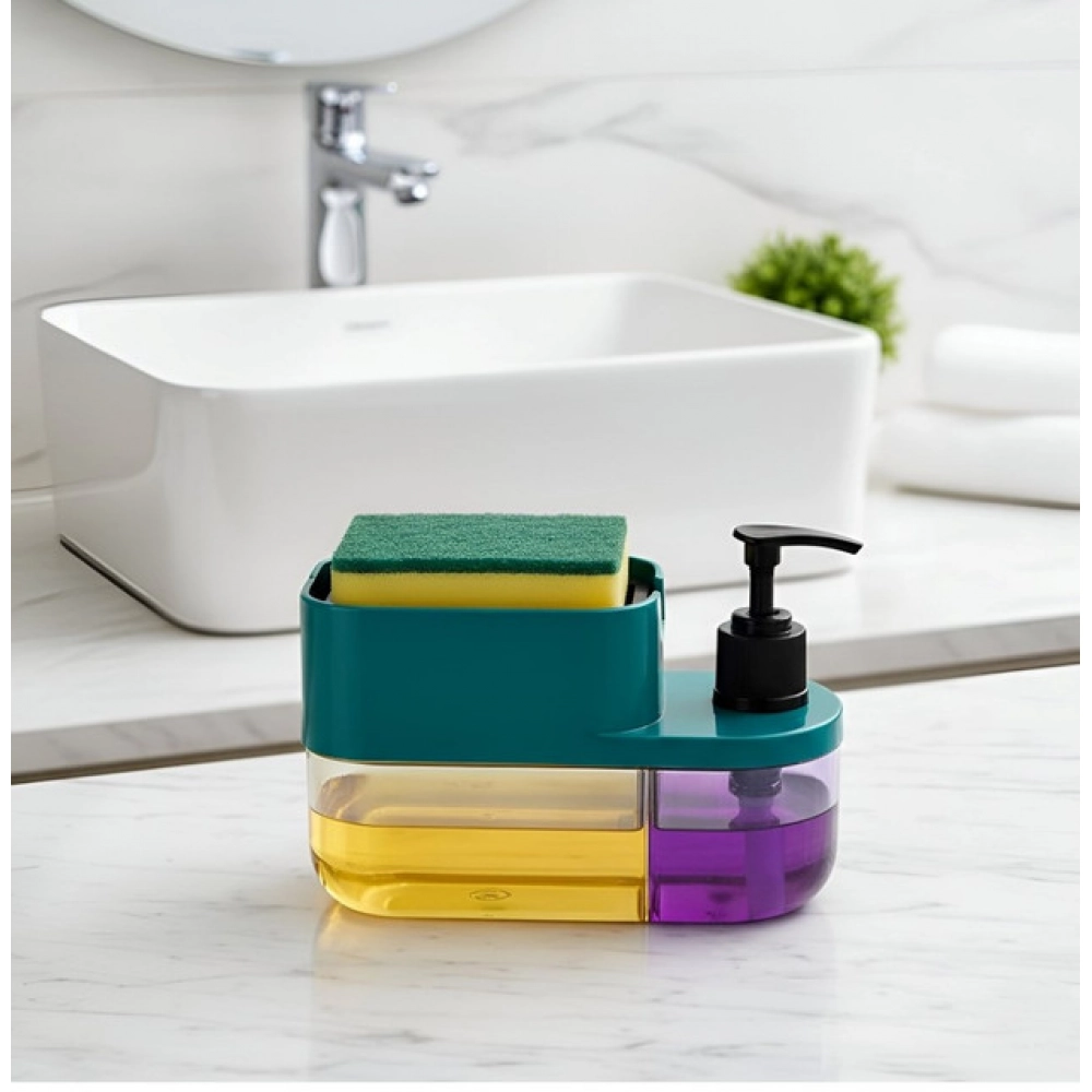 Plastic 3-in-1 Liquid Soap Dispenser with Sponge Soap Holder (Multicolor) - Image 4