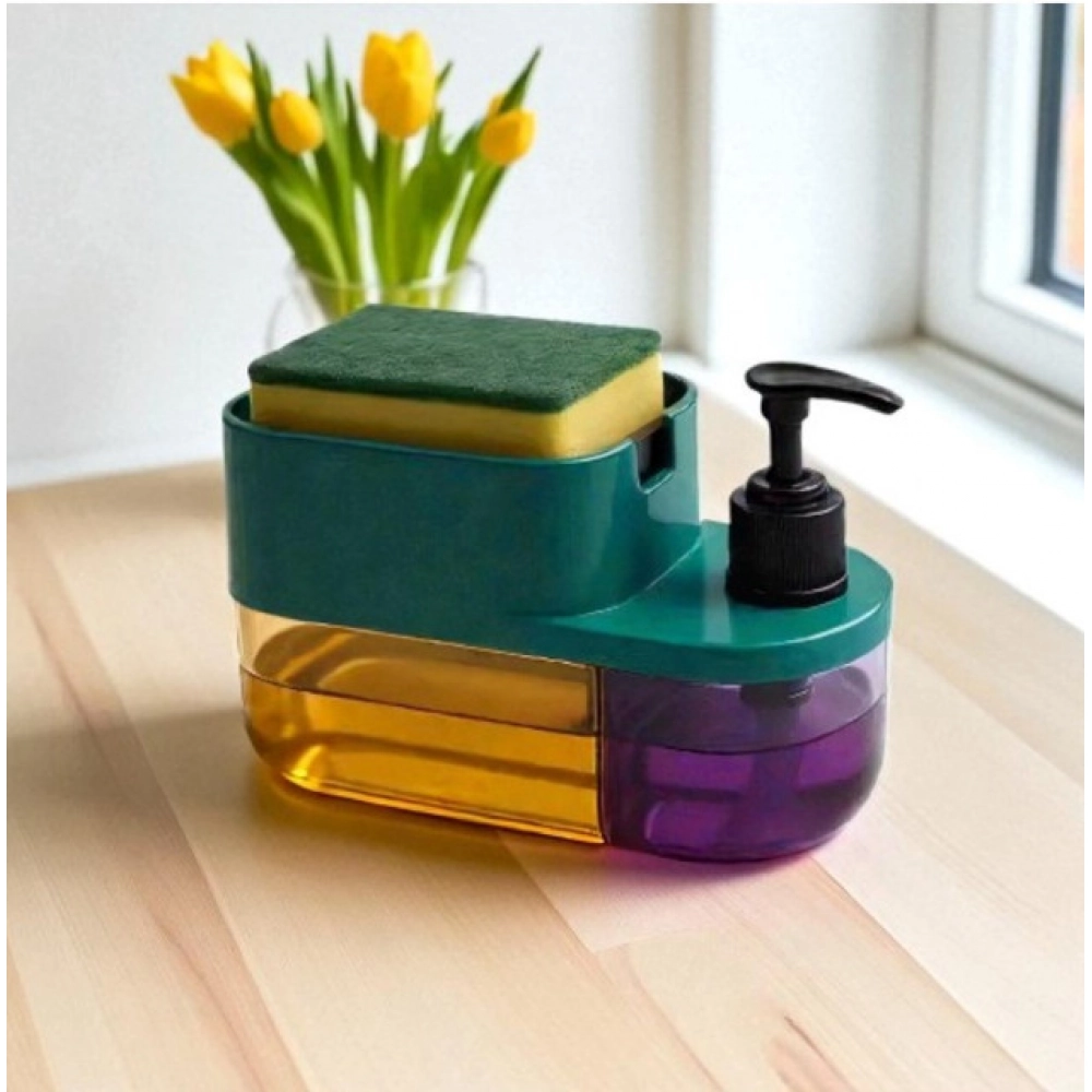 Plastic 3-in-1 Liquid Soap Dispenser with Sponge Soap Holder (Multicolor) - Image 3