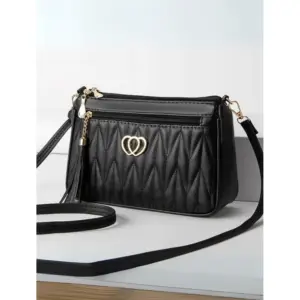 Women's PU Leather Zipper Sling Bag (Black)