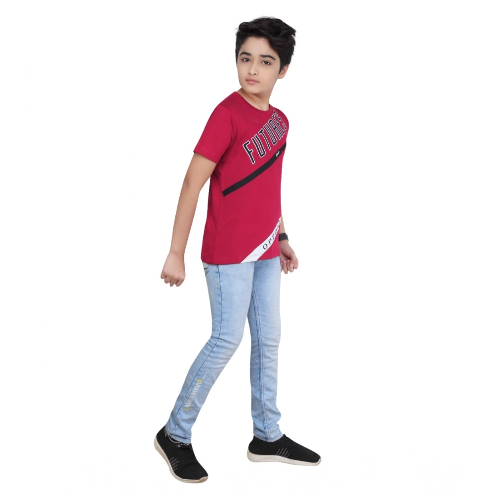 Boy's Cotton Grapic Printed Round Neck T-Shirt (Marron) - Image 3