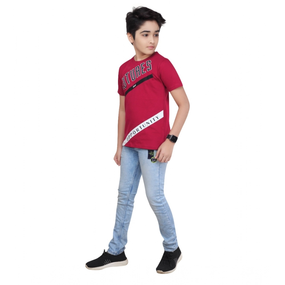 Boy's Cotton Grapic Printed Round Neck T-Shirt (Marron) - Image 5