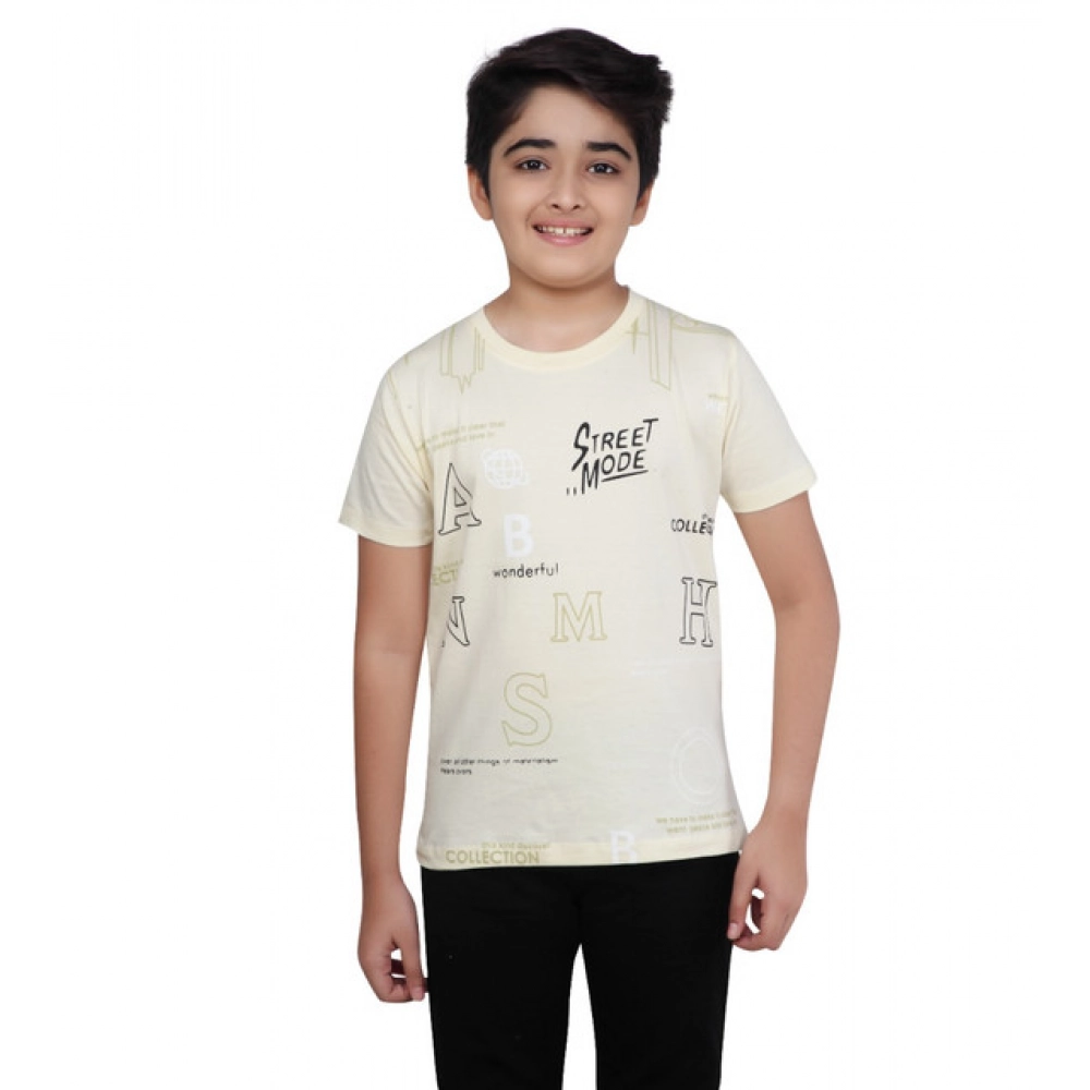 Boy's Cotton Grapic Printed Round Neck T-Shirt (Beige )
