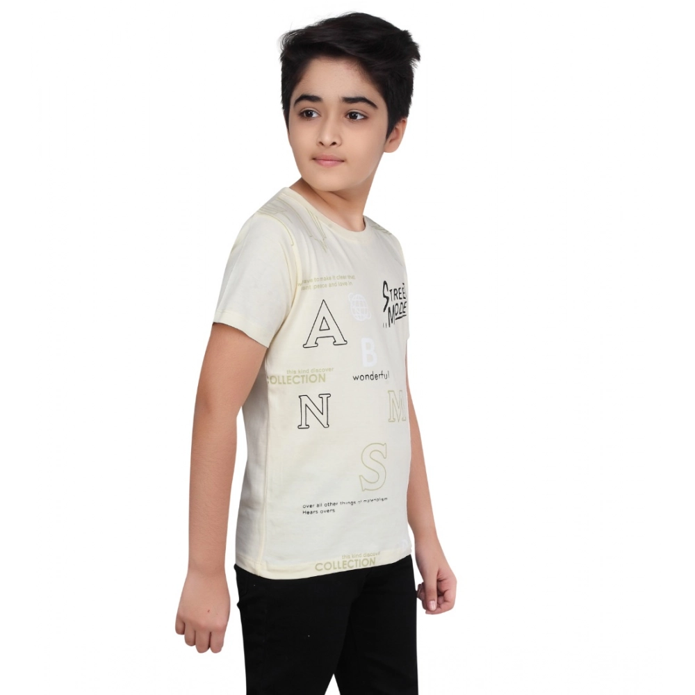 Boy's Cotton Grapic Printed Round Neck T-Shirt (Beige ) - Image 3