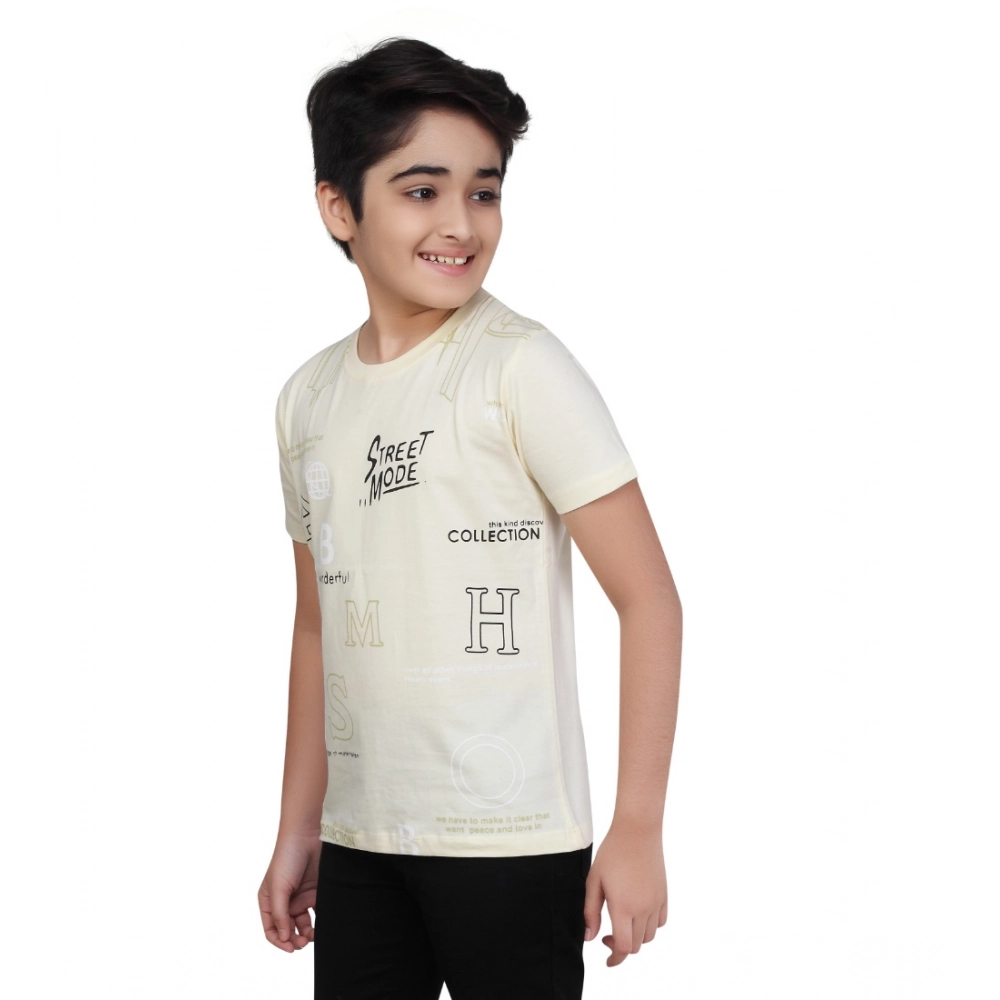 Boy's Cotton Grapic Printed Round Neck T-Shirt (Beige ) - Image 5