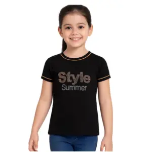 Girl's Cotton Printeded Round Neck T-Shirt (Black)