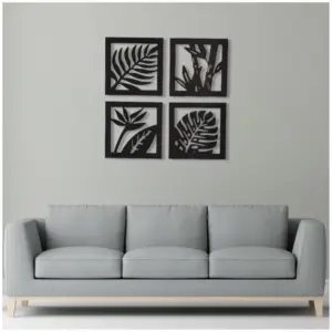 7 Decore Wooden 4 Pieces Square Tree Leaf Wall Art Panel Frame – Black (Big Size)
