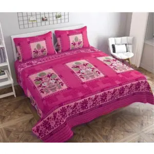 Fleece Floral Printed Double Polar Warm Bedsheet with 2 Pillow Cover (Pink)