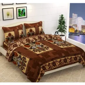 Fleece Floral Printed Double Polar Warm Bedsheet with 2 Pillow Cover (Brown)
