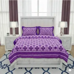 Fleece Geometric Double Polar Warm Bedsheet with 2 Pillow Cover (Purple)