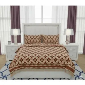 Fleece Geometric Double Polar Warm Bedsheet with 2 Pillow Cover (Brown)