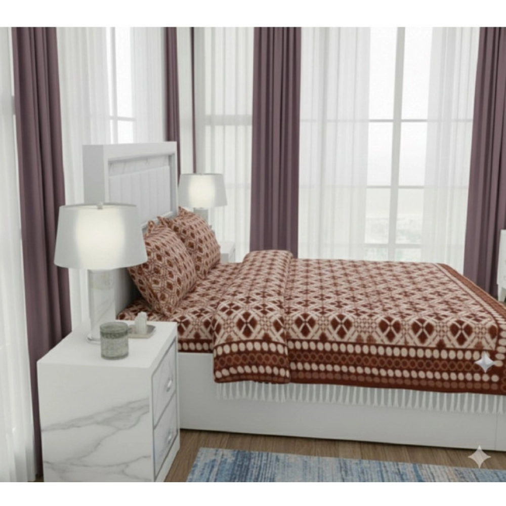 Fleece Geometric Double Polar Warm Bedsheet with 2 Pillow Cover (Brown) - Image 3