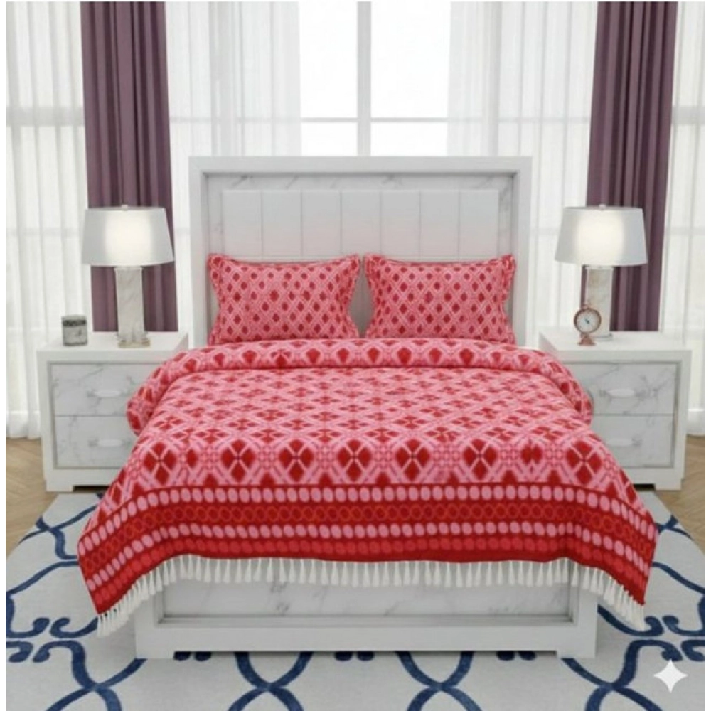 Fleece Geometric Double Polar Warm Bedsheet with 2 Pillow Cover (Red)